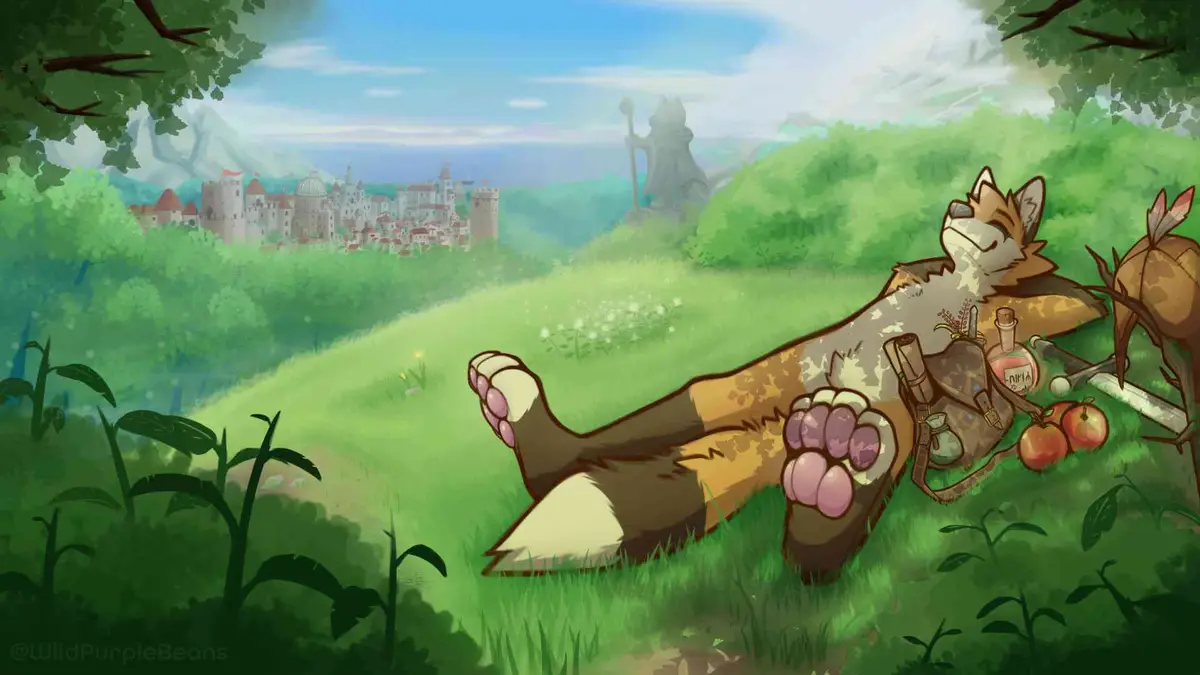 An anthropomorphic fox with a sword and potion bottle lies relaxed on a grassy hill overlooking a distant castle and statue…