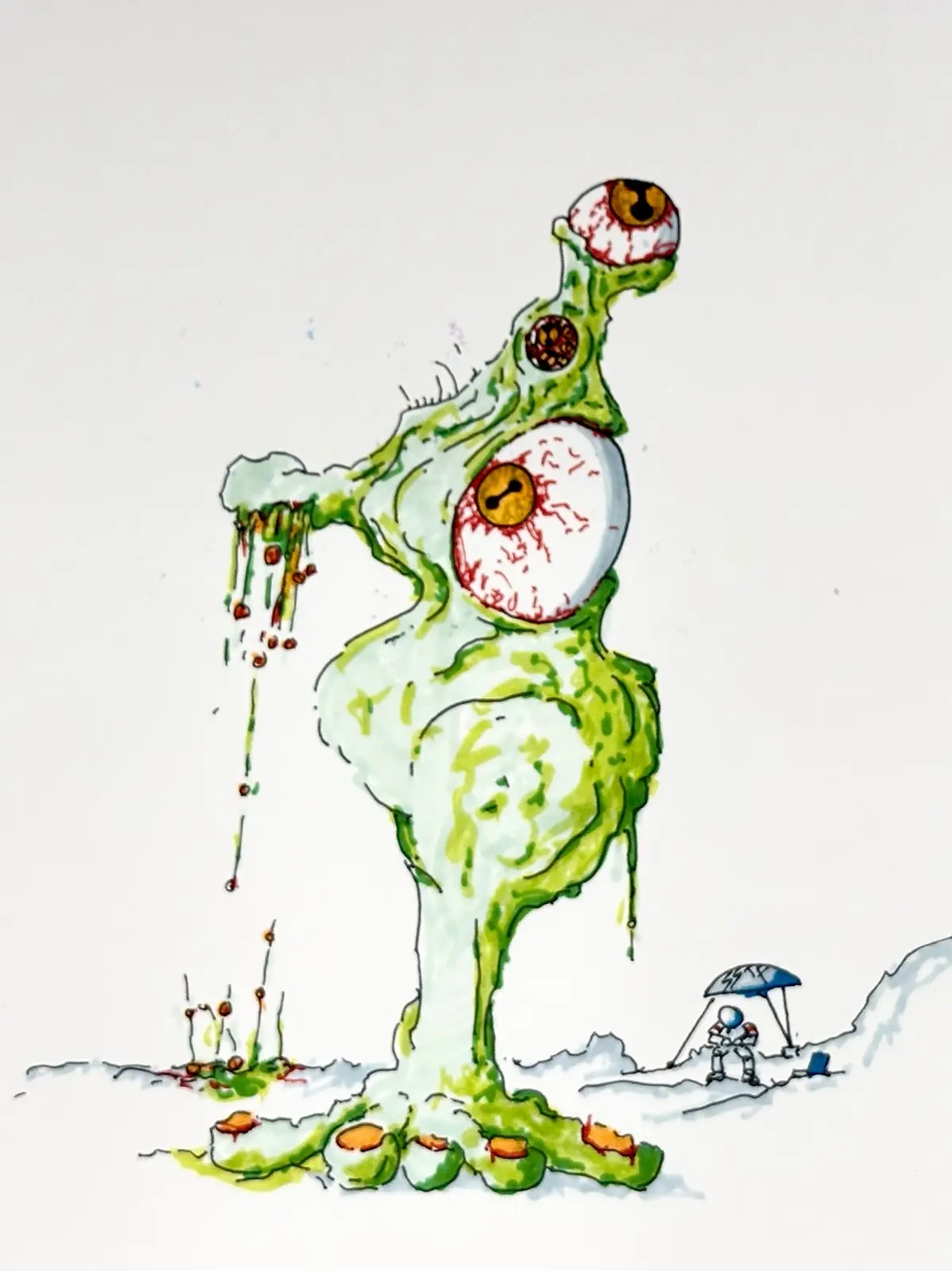 A hand-drawn illustration shows a tall, green, slimy monster with multiple eyeballs protruding from its body, standing in a…
