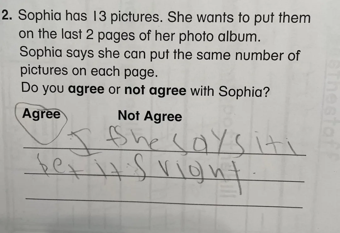 A math worksheet question asks if Sophia can put 13 pictures equally on 2 pages. A child's handwritten answer circles…