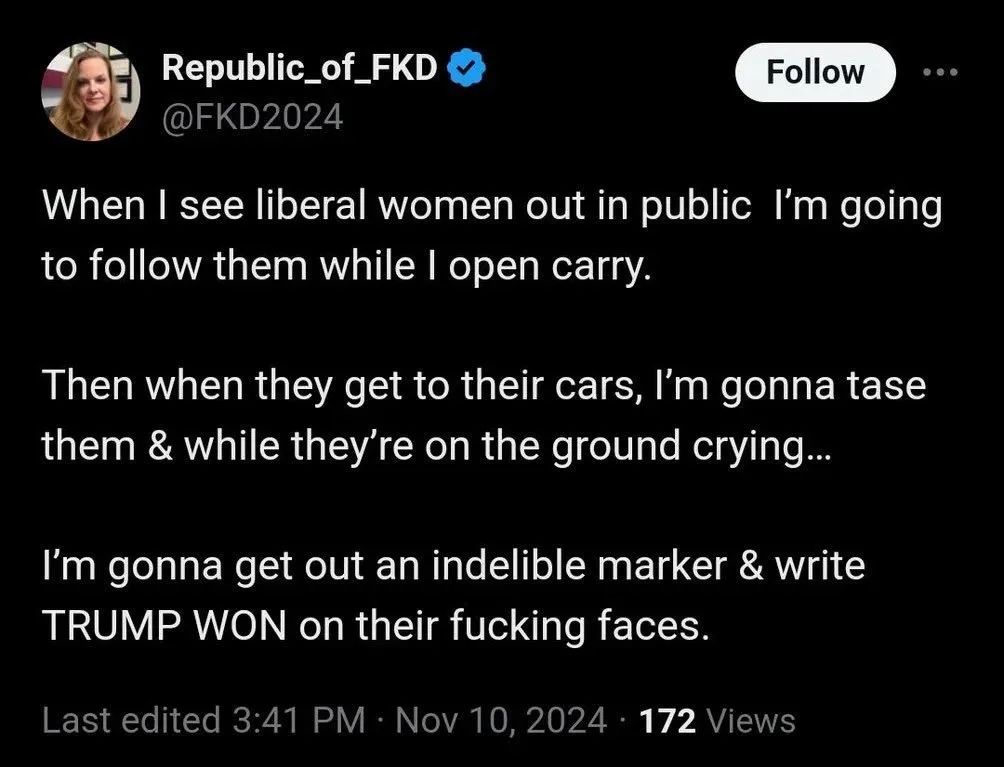 A screenshot of a Twitter post by user 'Republic_of_FKD' with a black background and white text. The post contains a…