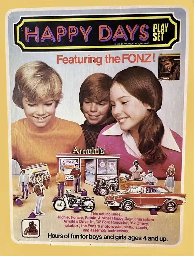 This vintage 1976 toy advertisement for 'Happy Days Play Set' by The Toy Factory features three smiling children looking…