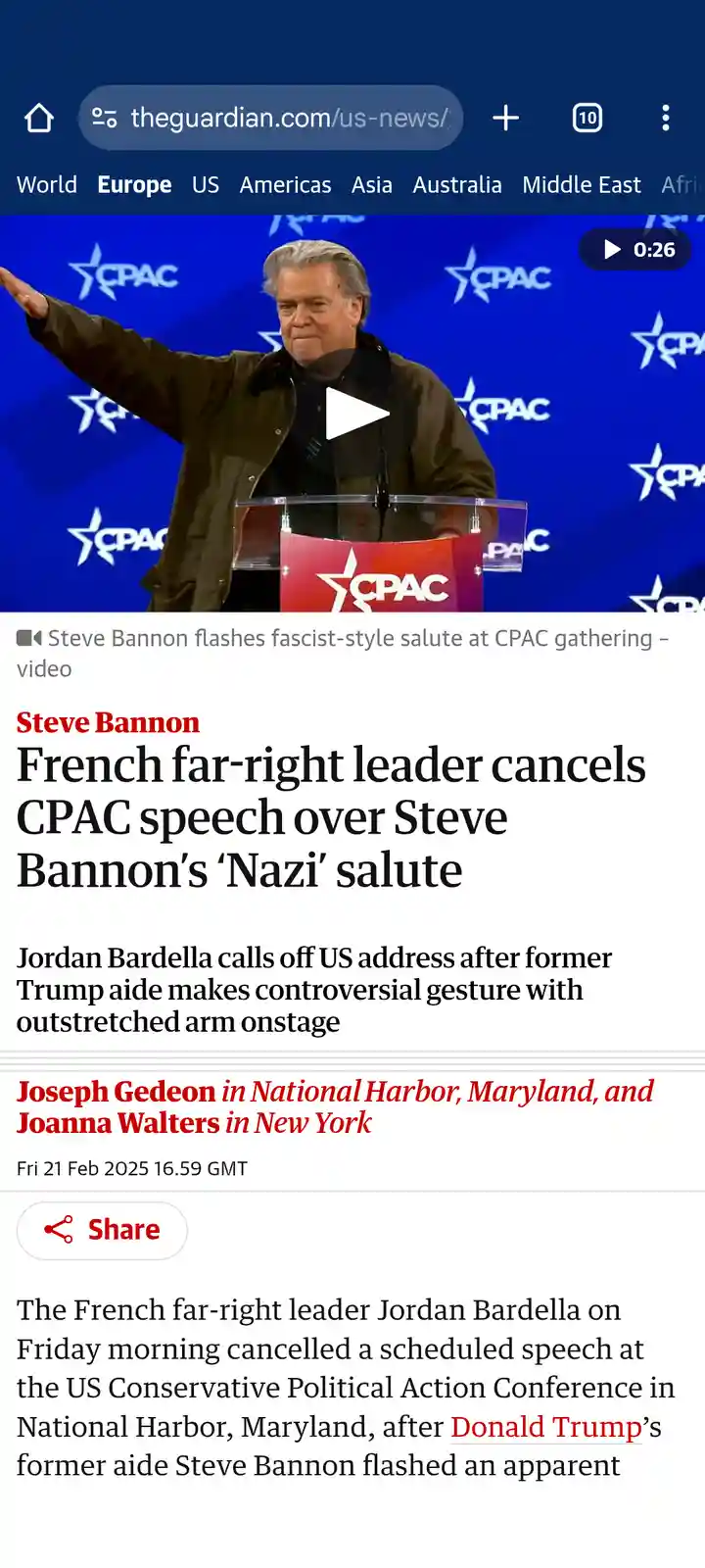 A screenshot of a Guardian news article shows a video thumbnail of Steve Bannon at a CPAC event, making a controversial…