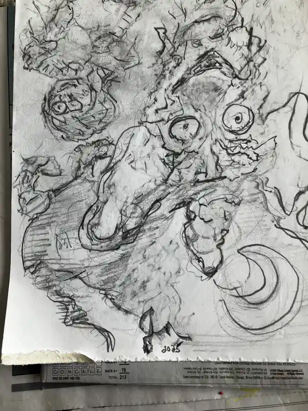 A messy pencil sketch on paper shows several grotesque, cartoonish monster-like creatures with exaggerated eyes and sharp…
