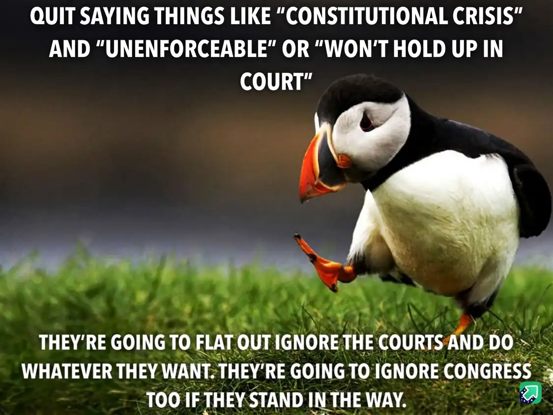 A photograph of a puffin standing on grass, looking down with one foot lifted, overlaid with bold white text criticizing the…