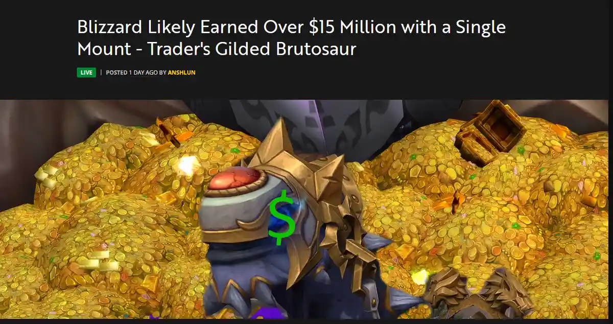 A screenshot of a news headline overlaying an image from World of Warcraft showing a gilded, dinosaur-like mount partially…