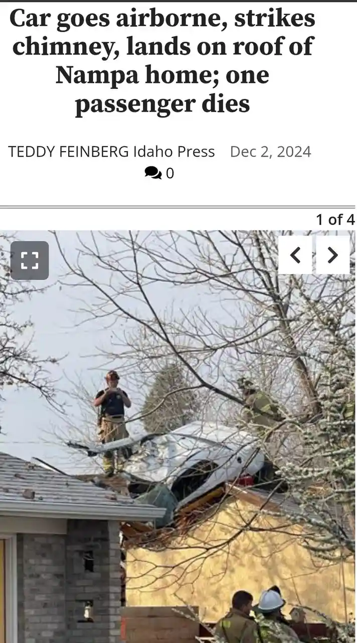 A news article screenshot shows a severely damaged white car resting on the roof of a house, with firefighters visible…
