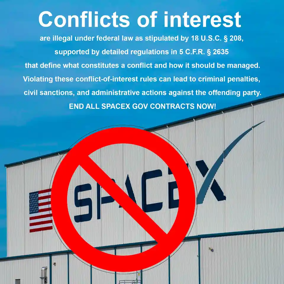 An image of a SpaceX building with an American flag, overlaid with a large red prohibition symbol (circle with a diagonal…