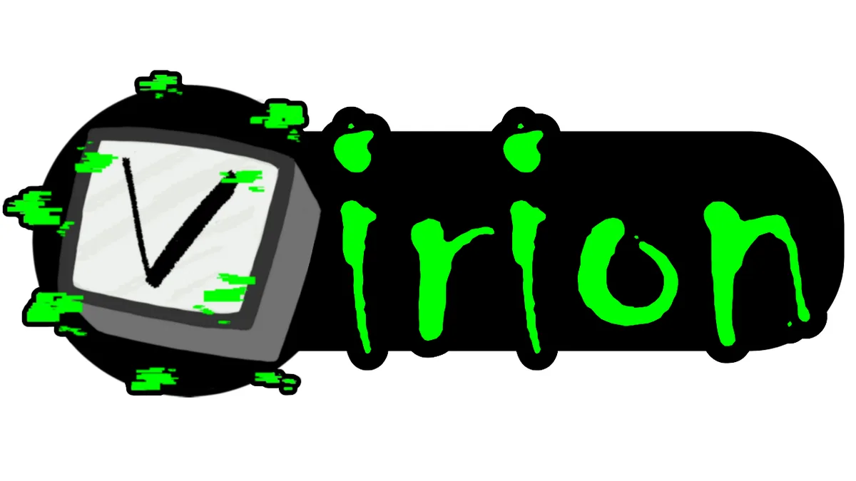 A cartoon-style CRT monitor with green pixelated static around it, displaying a large black 'V' on its screen. To the right…