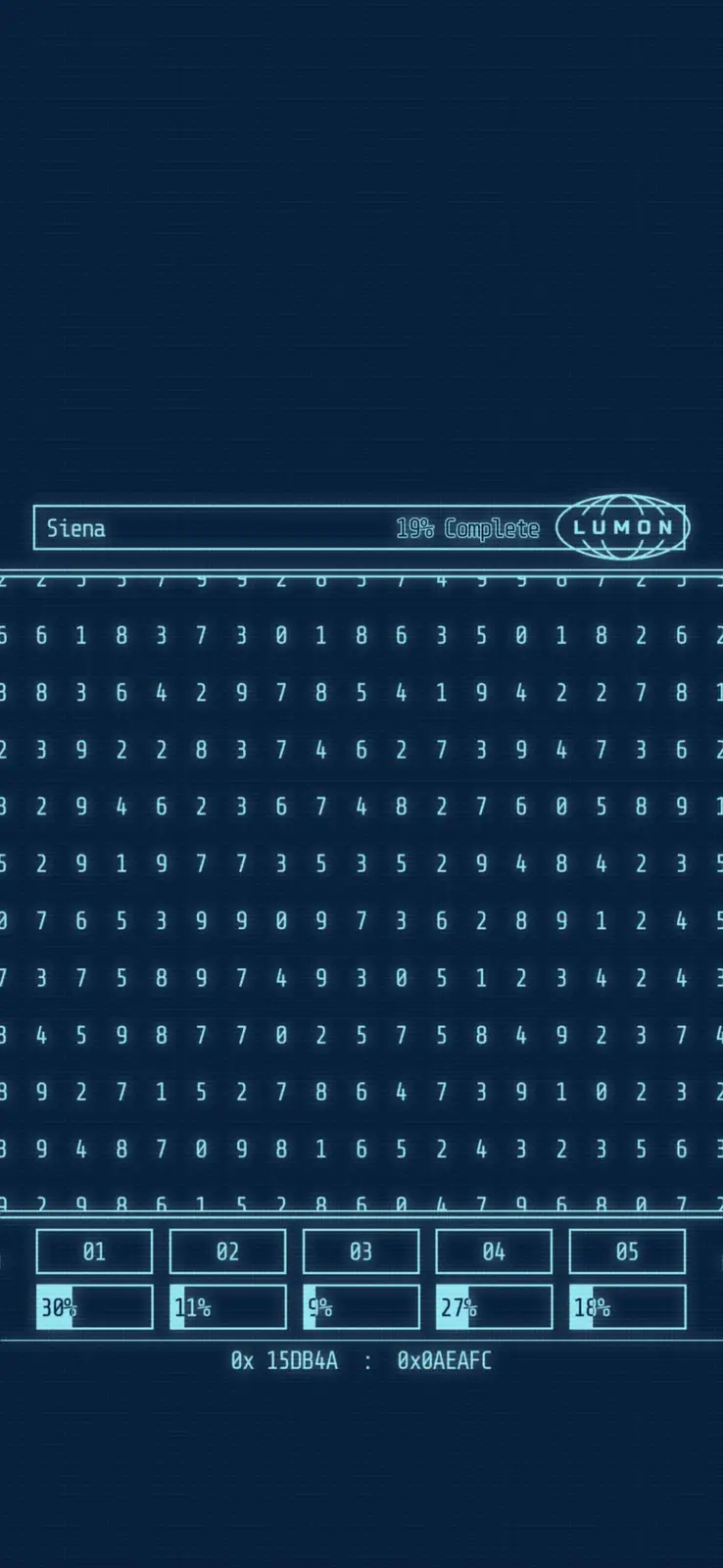 A blue-toned digital interface from the game 'SOMA' shows a progress bar labeled 'Siena' at 19% complete, with the Lumon…