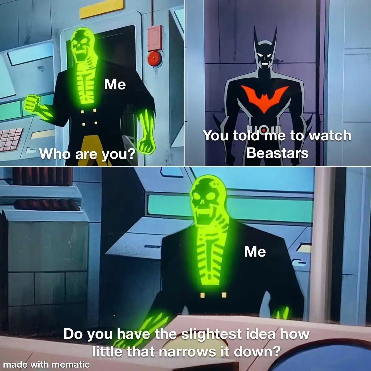 The meme uses three panels from an animated show featuring a glowing green skeletal character labeled 'Me' who asks 'Who are…