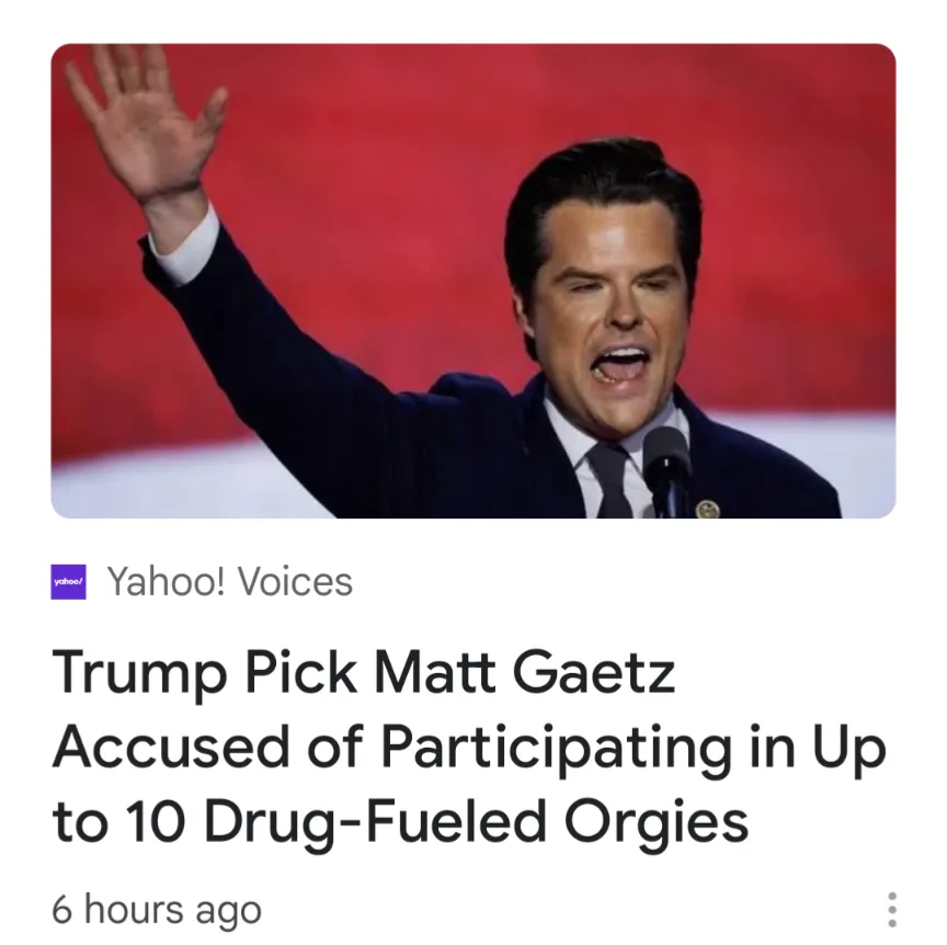 A screenshot of a Yahoo! Voices news article headline about Matt Gaetz, overlaid on an image of him waving and speaking at a…