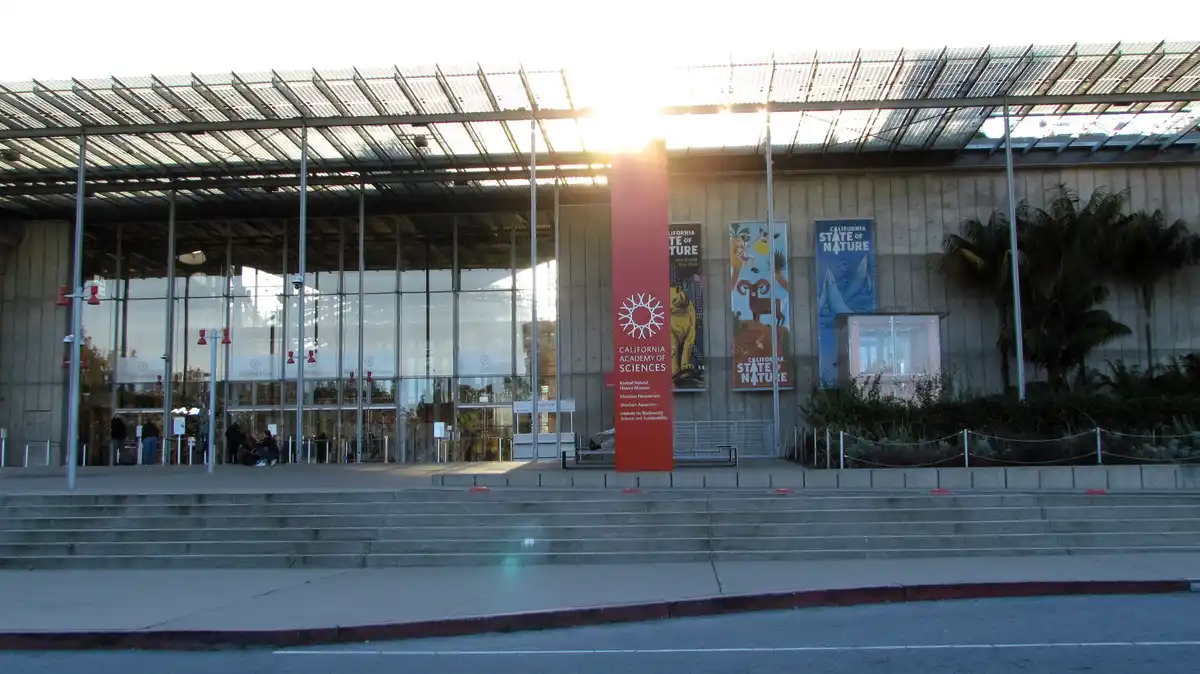 The image shows the exterior of the California Academy of Sciences building with its large glass entrance, concrete steps…