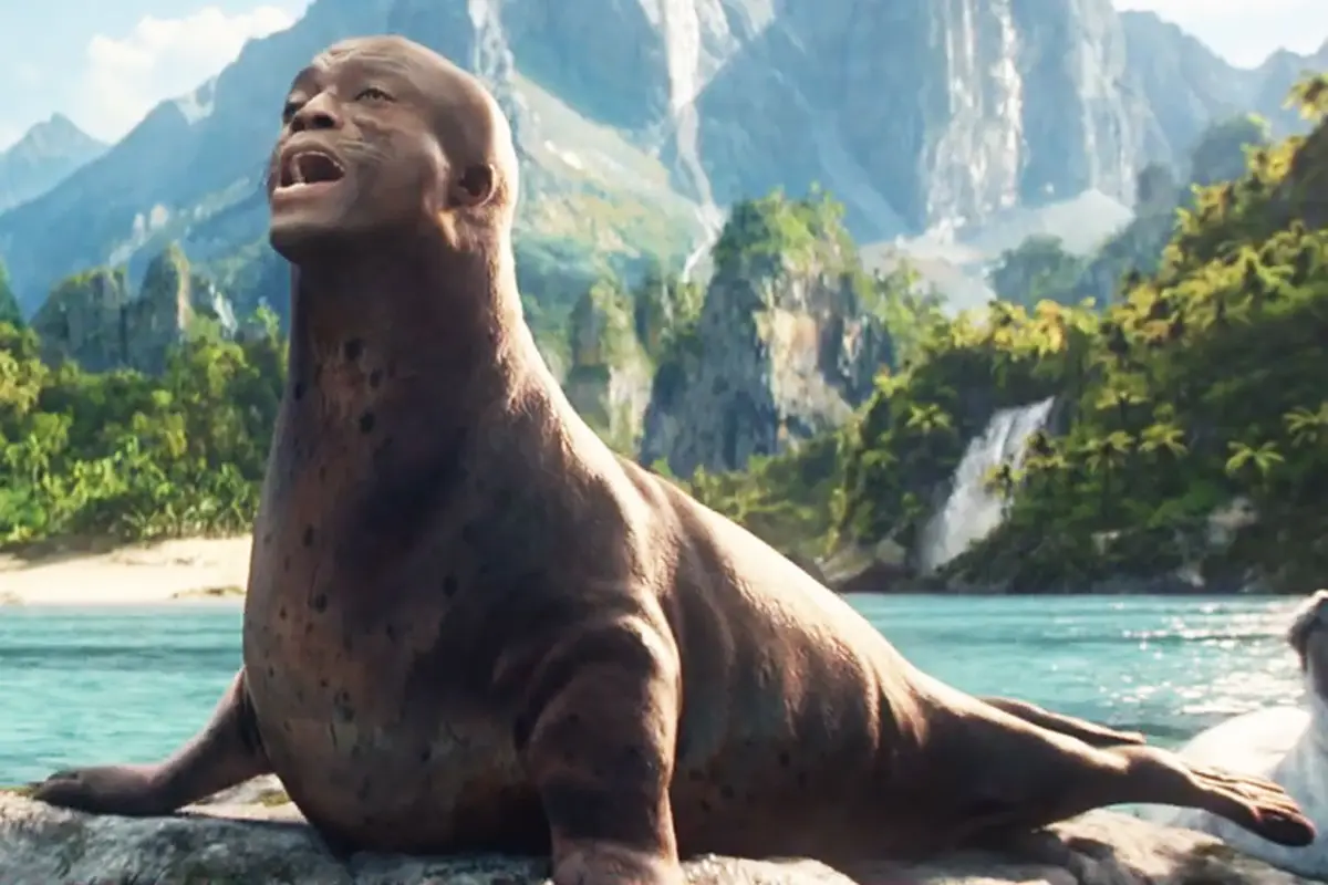 A digitally altered image shows a seal with the face of actor Djimon Hounsou, looking upward with an open mouth, as if…