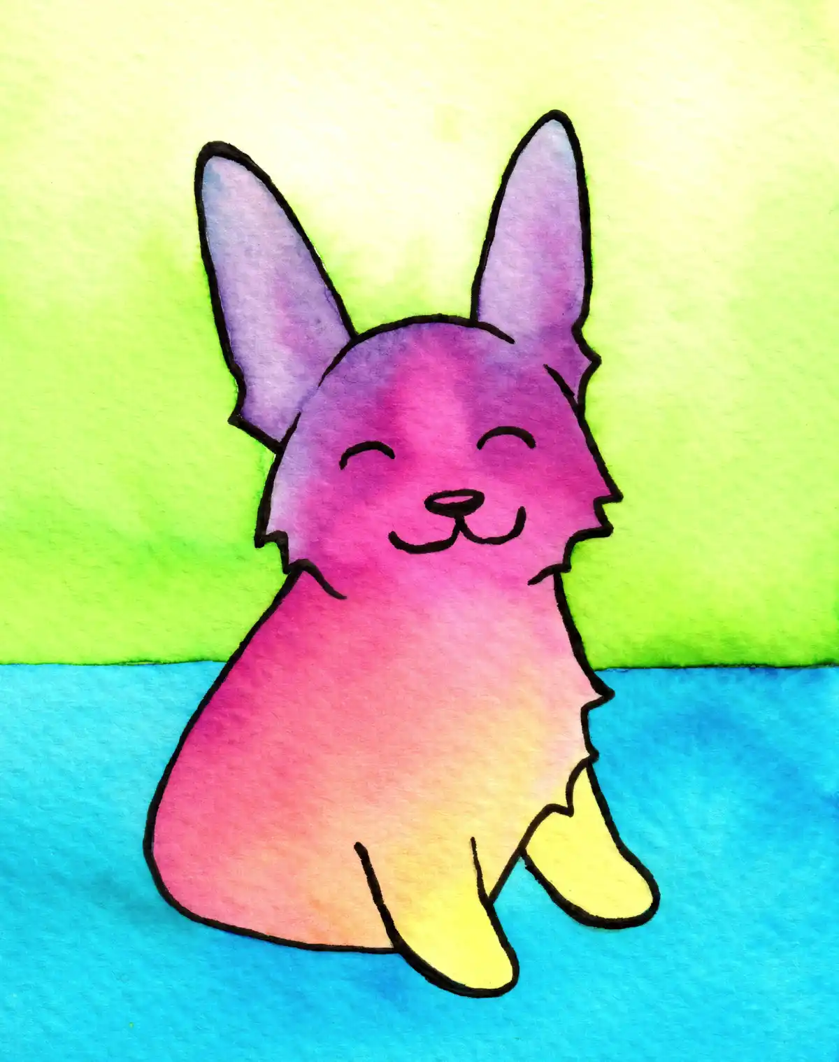 A watercolor drawing of a stylized, smiling dog with a gradient of purple, pink, orange, and yellow fur, sitting on a blue…