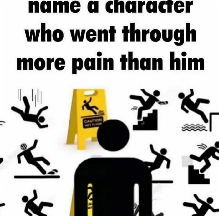 A black silhouette of a person stands in front of a yellow 'CAUTION WET FLOOR' sign, surrounded by numerous black stick…