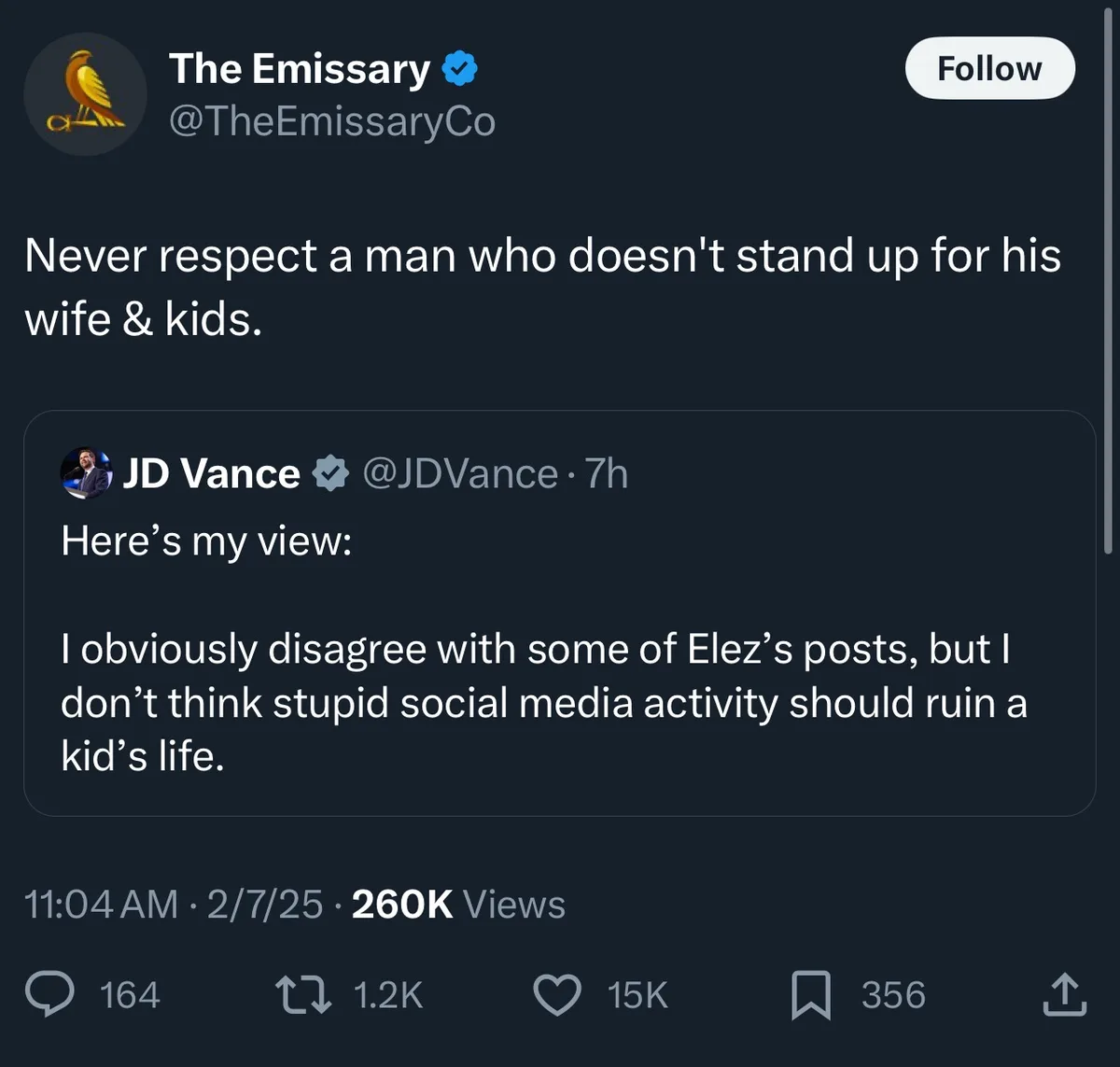 A screenshot of a Twitter thread shows a tweet from 'The Emissary' stating 'Never respect a man who doesn't stand up for his…