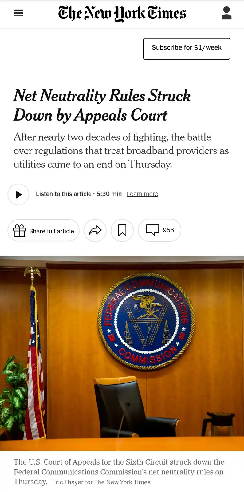 A screenshot of a New York Times article headline about net neutrality rules being struck down by an appeals court, overlaid…
