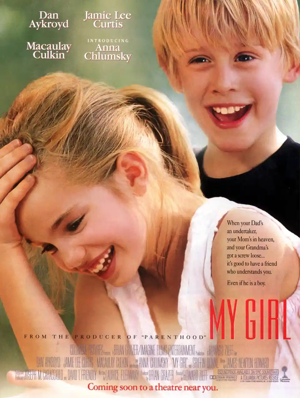 This is a movie poster for 'My Girl' featuring young Macaulay Culkin and Anna Chlumsky. Culkin, in a black shirt, beams with…