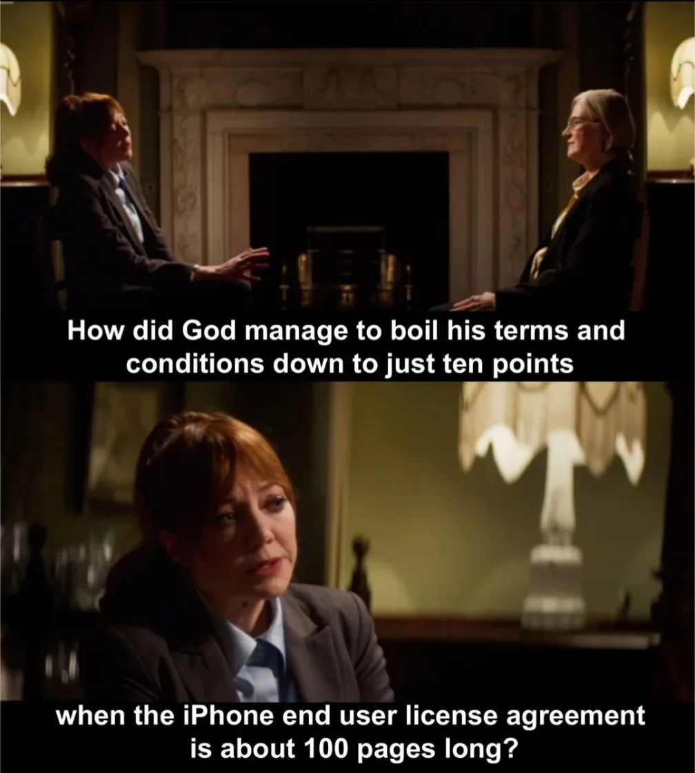 Two women sit across from each other in a dimly lit room with a fireplace behind them. The top panel shows one woman asking…