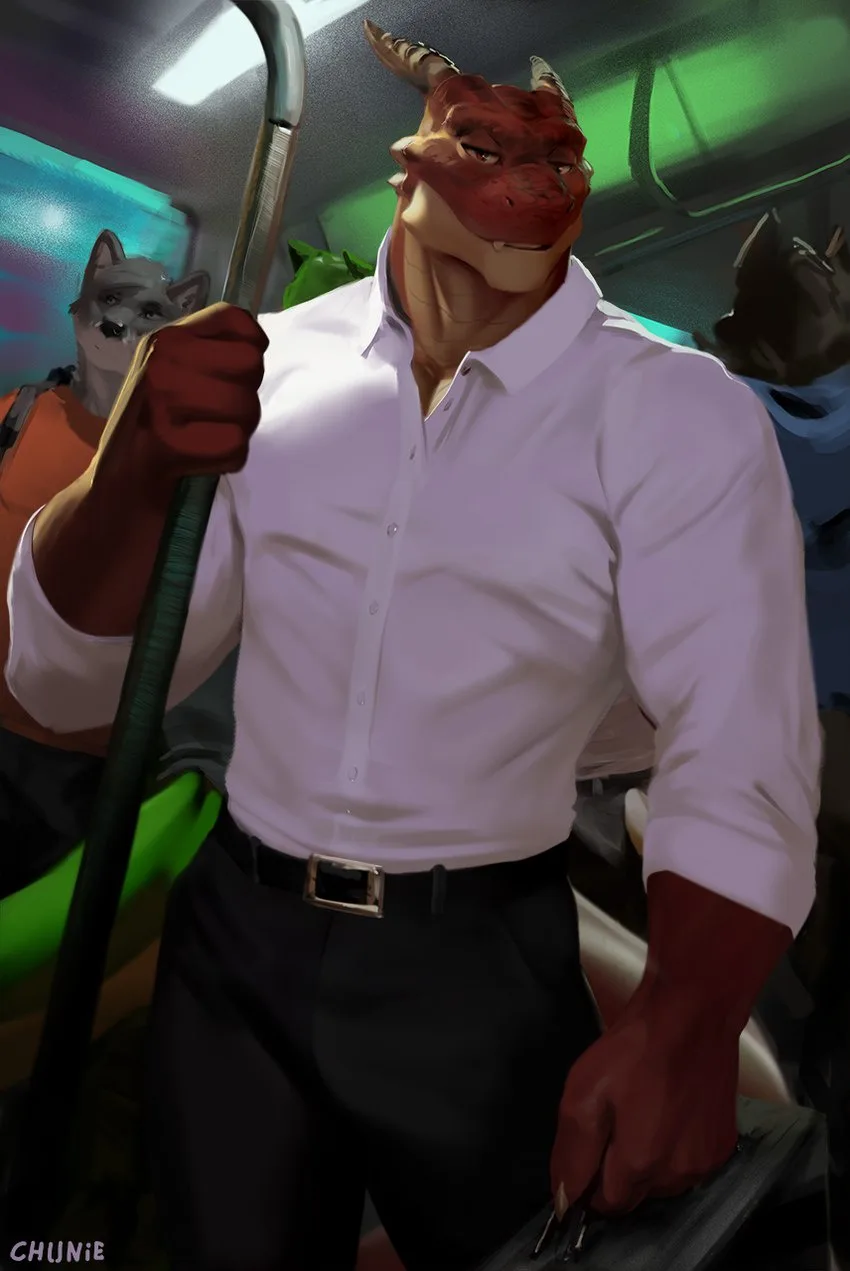 A muscular red-skinned humanoid with horns and a reptilian face, wearing a white button-up shirt and black pants, stands…