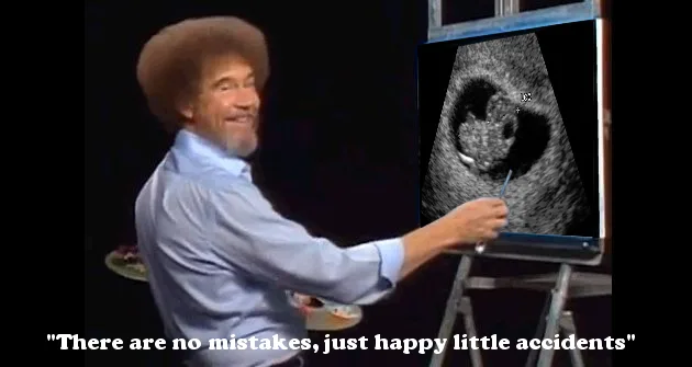 Bob Ross, the painter, is shown smiling while pointing at an ultrasound image of a fetus on a screen. The overlaid text…