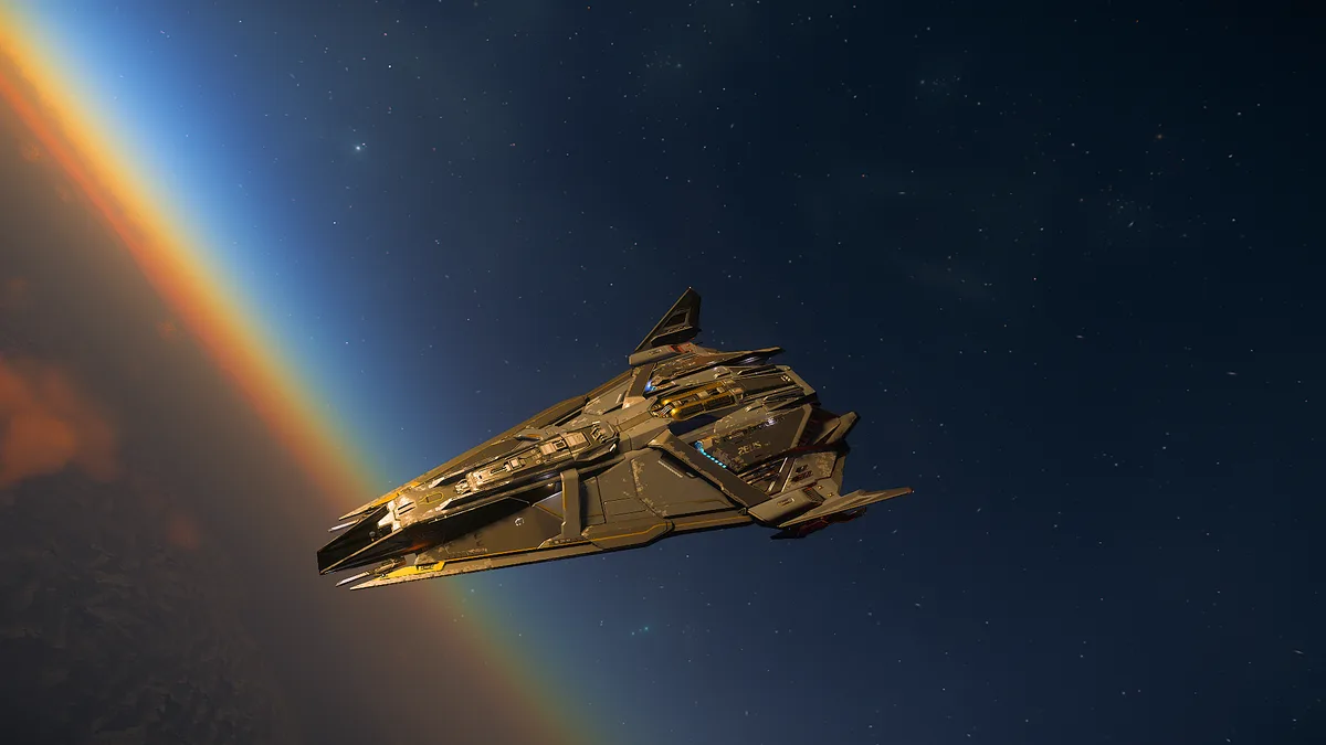 A detailed, angular spaceship with gold and gray panels flies through space near a planet, with a vibrant rainbow arc…