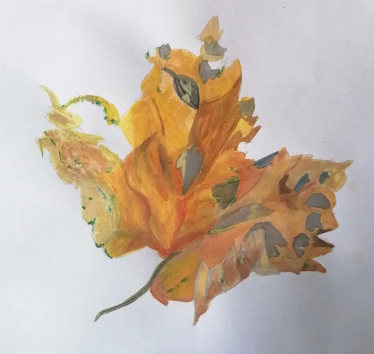 A watercolor painting of a single autumn maple leaf, colored in shades of orange and yellow with green veins, has several…