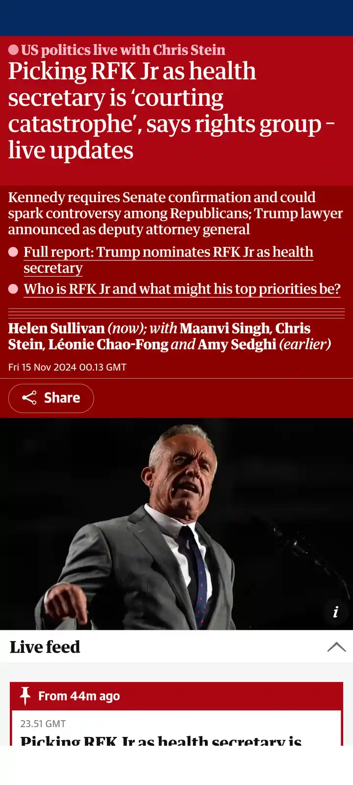 A screenshot of a news article about RFK Jr being nominated as health secretary, featuring a photo of RFK Jr speaking at a…