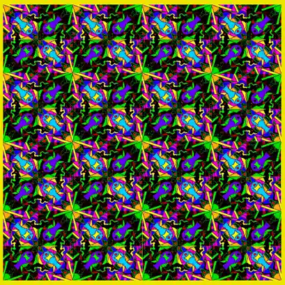 The image displays a highly saturated, repeating psychedelic pattern composed of geometric shapes and stylized fish-like…