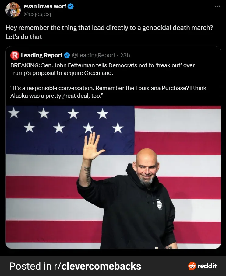 A screenshot of a tweet from 'evan loves worf' shows a tweet from 'Leading Report' about Sen. John Fetterman's comment on…