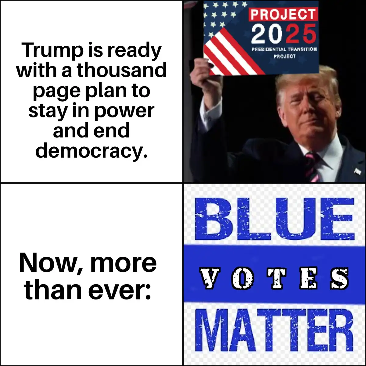 The meme features a split image: top right shows Donald Trump holding a sign that reads 'PROJECT 2025 PRESIDENTIAL…