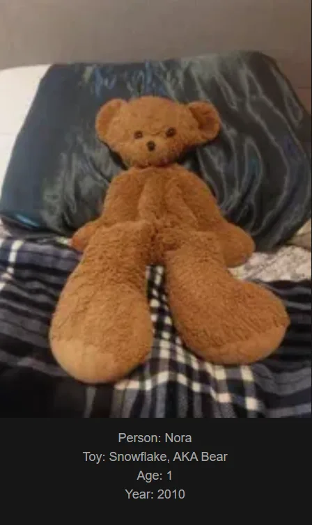 A brown teddy bear sits upright on a bed with a dark blue pillow behind it and a plaid blanket underneath. Text at the…