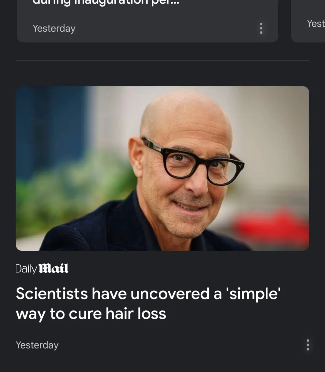 A screenshot of a Daily Mail news article headline about a 'simple' way to cure hair loss, overlaid on a photo of a bald man…