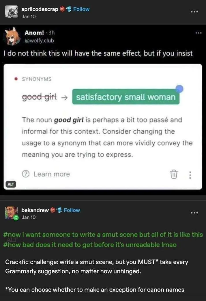 A screenshot of a social media thread shows a Grammarly suggestion replacing 'good girl' with 'satisfactory small woman'…