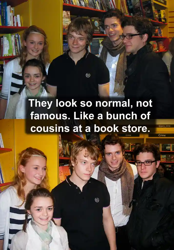 The image shows a group of five young people posing together in a bookstore with bookshelves behind them. In the top half…
