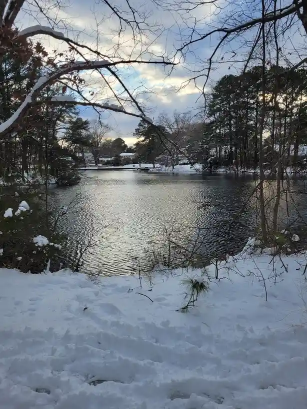 A snowy winter scene shows a calm lake surrounded by bare trees and snow-covered ground, with footprints leading toward the…