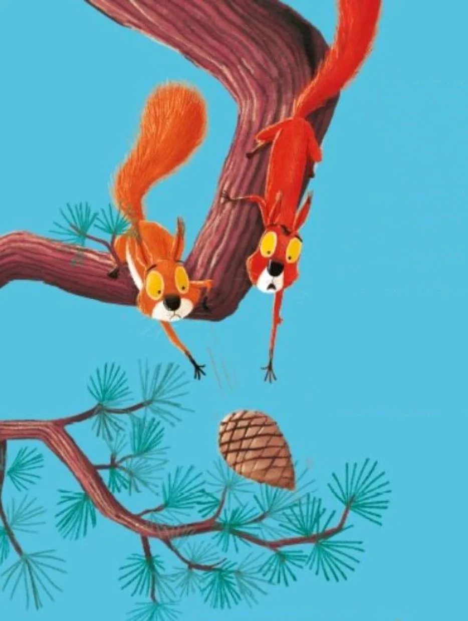 Two cartoon red squirrels are hanging from tree branches against a bright blue sky. One squirrel is clinging to a branch…