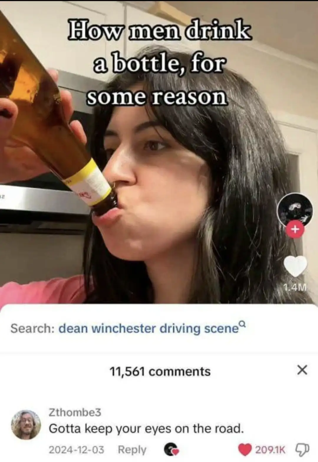 A person with dark hair is shown drinking directly from the neck of a brown glass bottle in a kitchen setting. The image is…