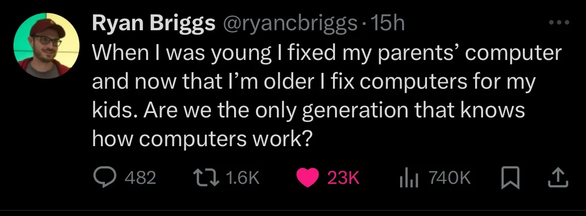 A screenshot of a tweet by Ryan Briggs showing a humorous observation about generational tech knowledge. The tweet text…