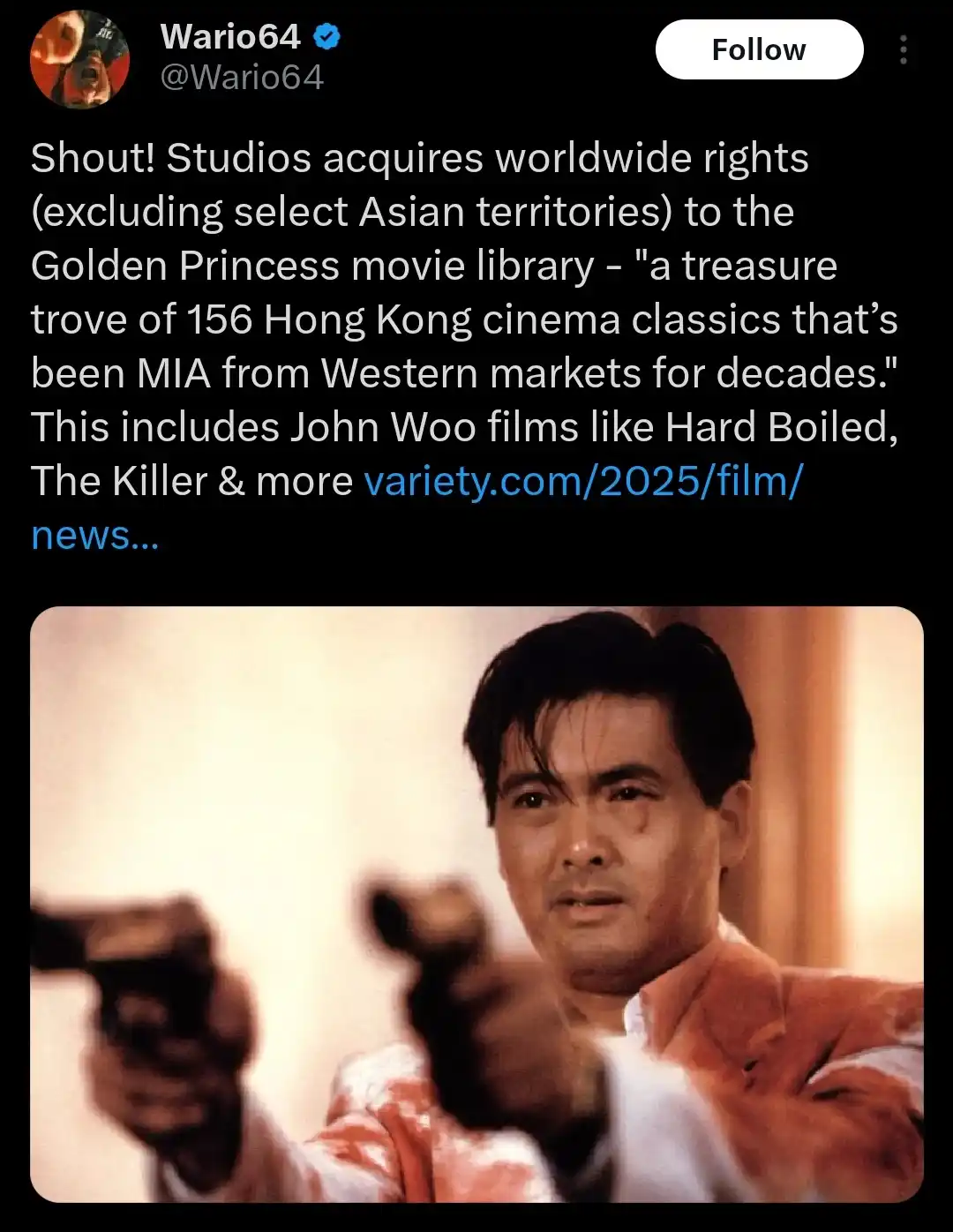 A screenshot of a tweet by Wario64 announcing Shout! Studios acquiring Hong Kong cinema rights, overlaid with a still image…