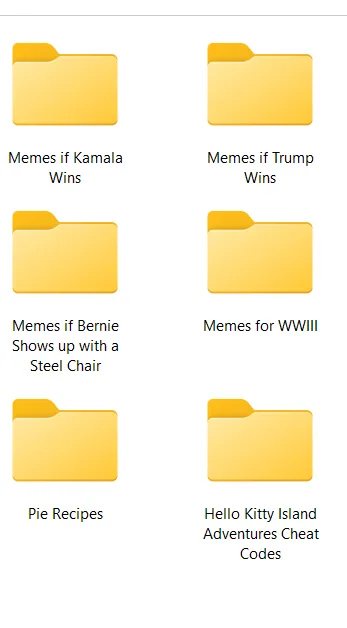 The image displays six yellow folder icons arranged in a 2x3 grid on a white background. Each folder has text underneath it…