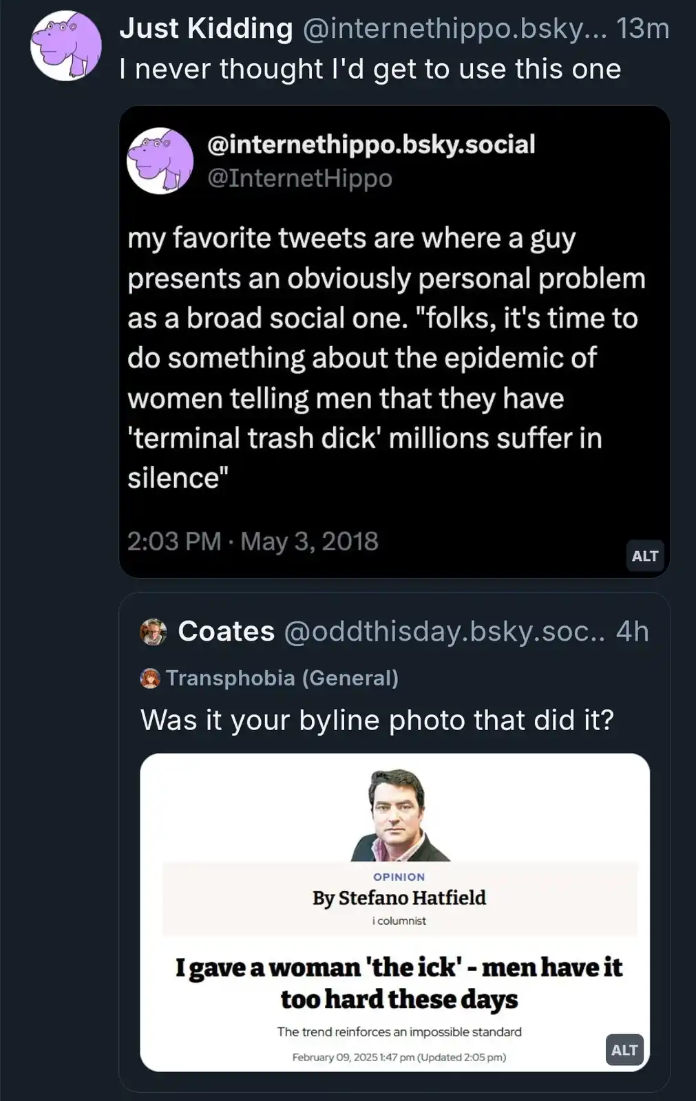 The image displays a screenshot of a social media thread. The top post, from a user with a purple hippo avatar, quotes a…