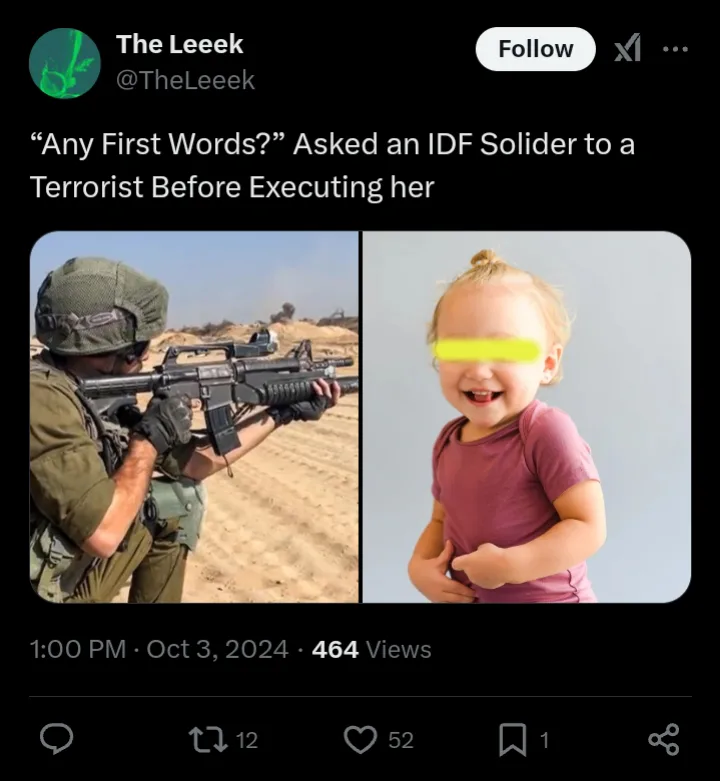 The image is a split-screen Twitter post. The left side shows an Israeli soldier in combat gear holding an assault rifle in…