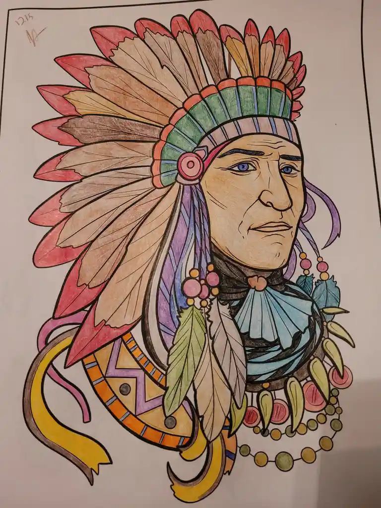 A colored drawing of a Native American chief wearing a large, multi-colored feather headdress, beads, and traditional…
