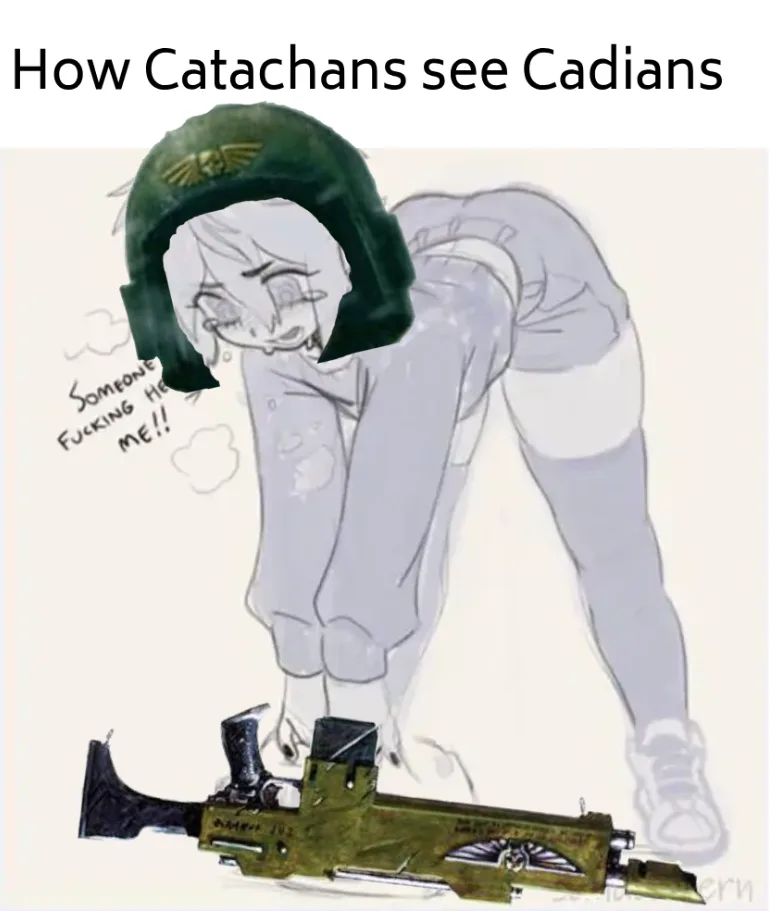 A sketch of a person in a crouched, distressed pose with a green Catachan helmet superimposed over their head. The person…