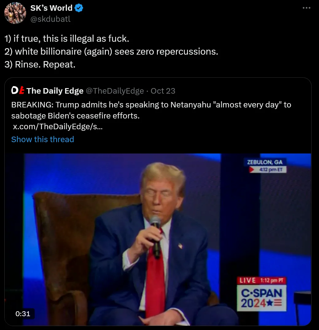 A screenshot of a tweet from 'SK's World' featuring a video clip of Donald Trump speaking into a microphone while seated in…