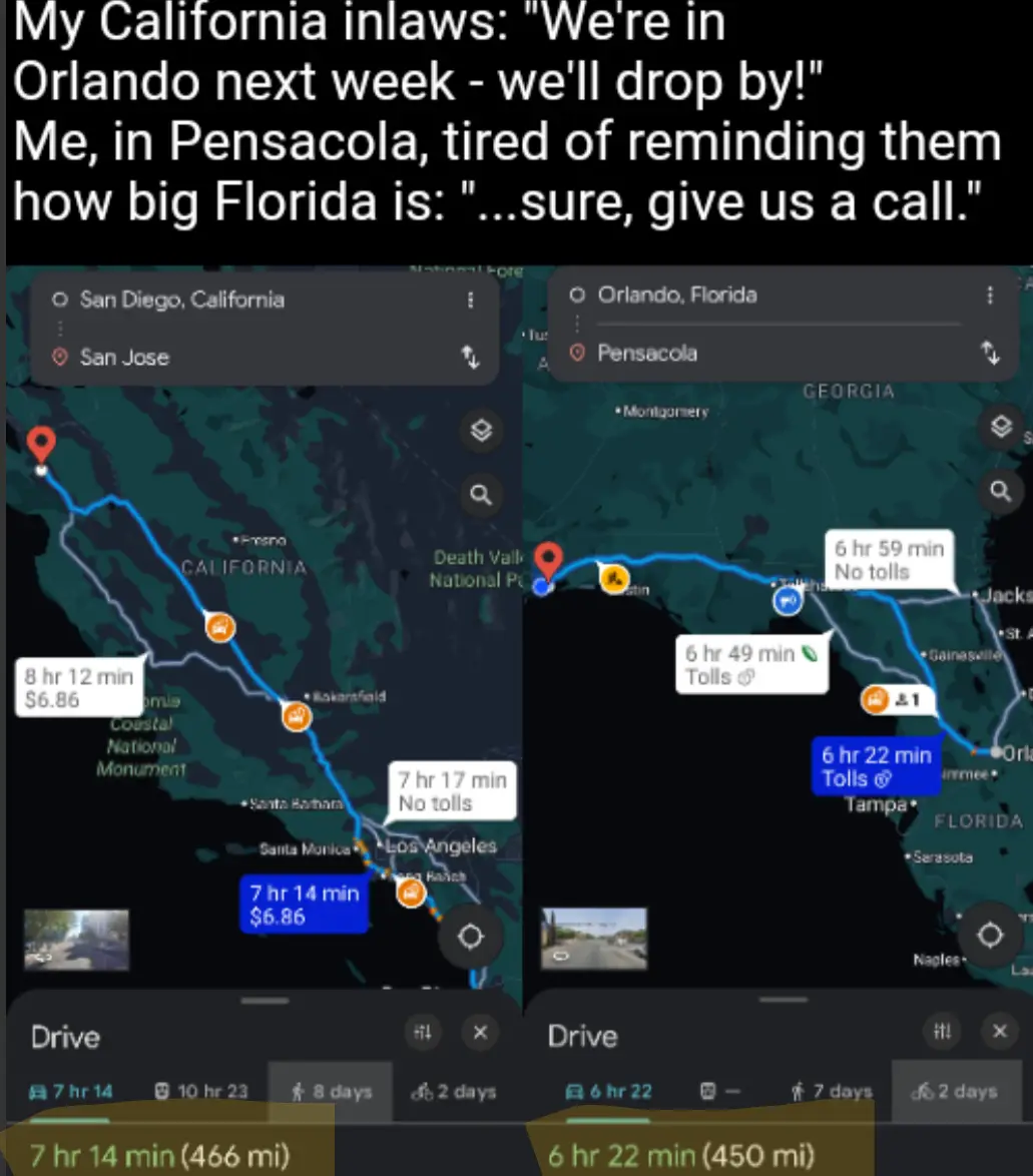 The image displays two side-by-side Google Maps screenshots. The left shows a route from San Diego, California to Orlando…