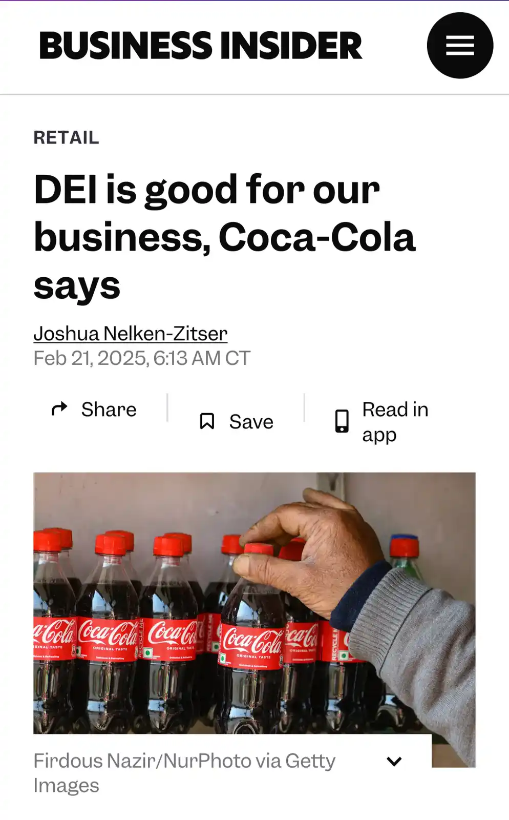 A screenshot of a Business Insider article titled 'DEI is good for our business, Coca-Cola says' shows a hand selecting a…