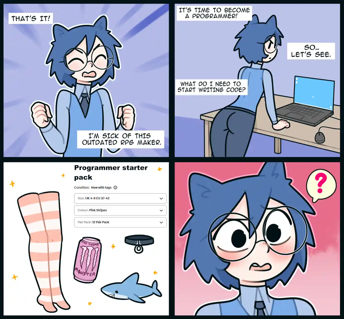 A four-panel comic shows a blue-haired, glasses-wearing character deciding to become a programmer after being frustrated…