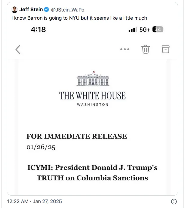 A screenshot of a tweet from Jeff Stein (@JStein_WaPo) shows a mock White House press release dated 01/26/25 with the…